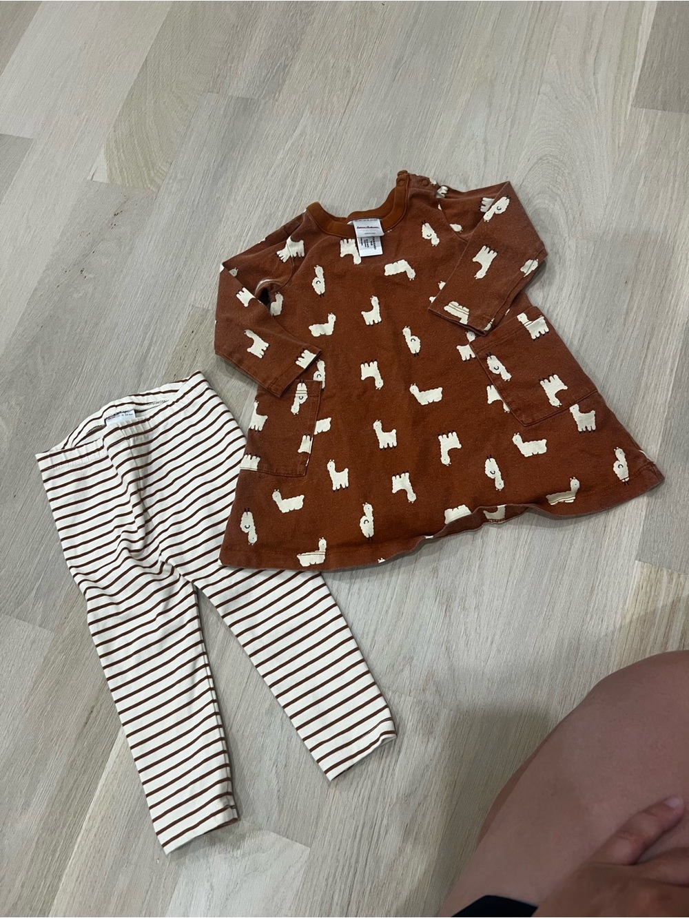 Hanna Andersson Brown Llama Print Dress with Cream & Brown Striped Leggings